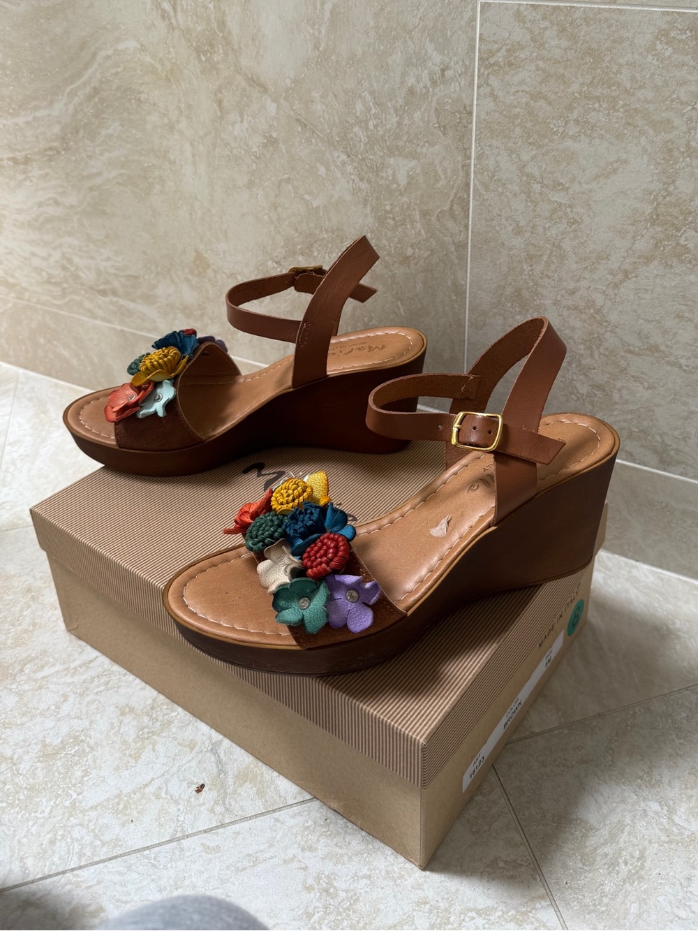 Mariella brown leather wedges with colorful floral embellishments #floral #embe